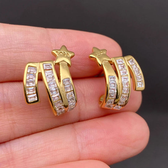 Zircon Inlaid Star 18K Gold Plated S.Steel Stud Earrings-FGS: Steel color