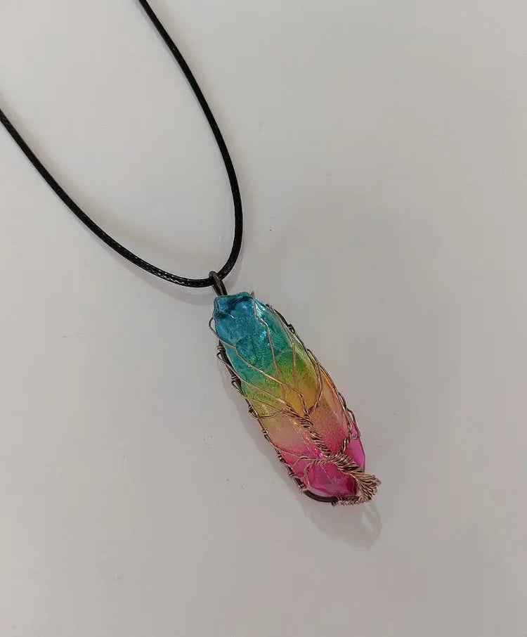 Hot Selling Stone Crystal Pillar Tree Of Life Pendant Ins Fashion Necklace Ashley and Clovers