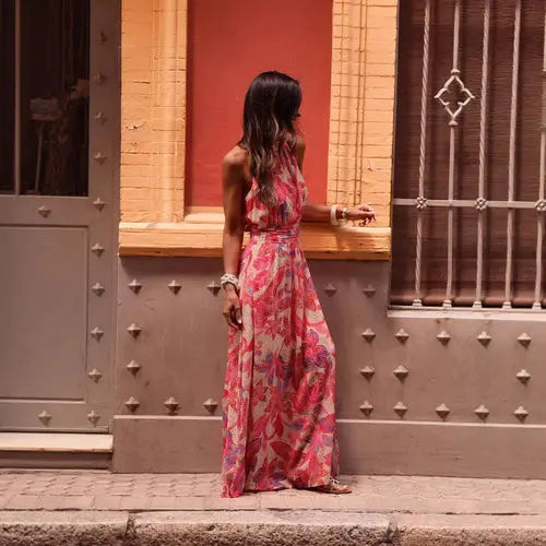 Elegant Women Printed Wear Fresh Slim Dress Pleated Office Maxi Dress Jewelry and Clovers