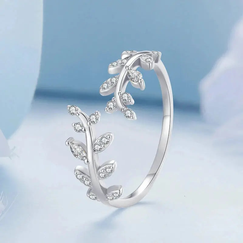 New Fashion 925 Sterling Silver Leaf Branch Rhinestone Adjustable Rings Women&Girl Fine Jewelry Zircon wishbone Open Finger Ring Jewelry and Clovers
