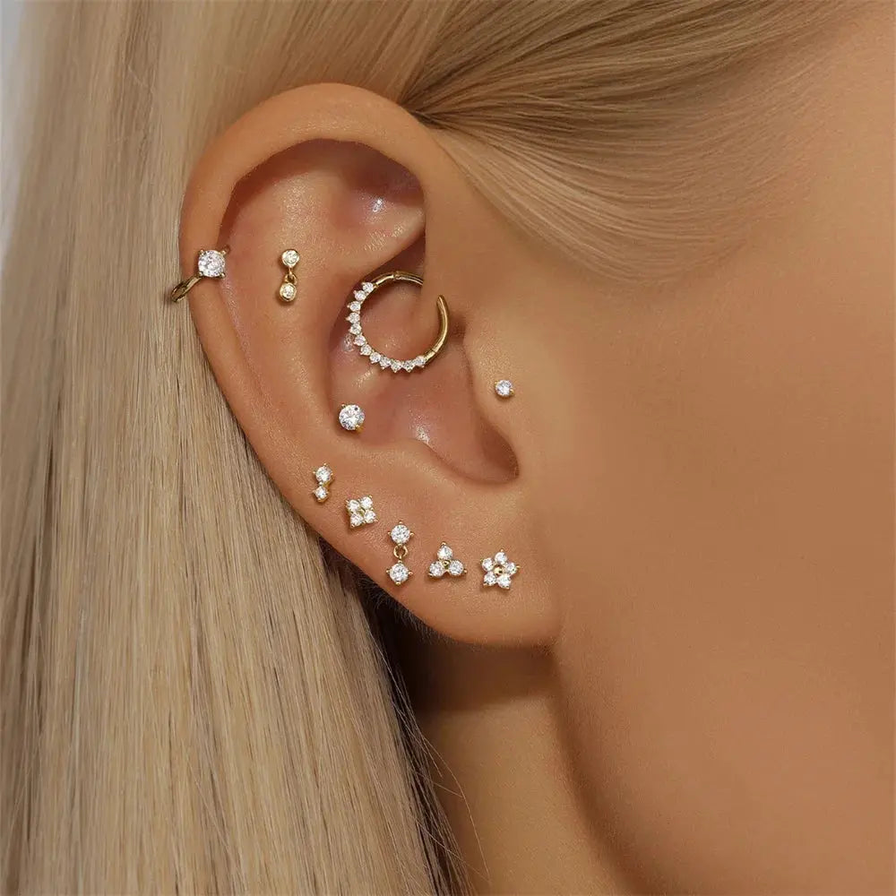 Aide Real 14K Solid Gold Unique Stud Dainty Mini Moon Crystal Earring Simple Minimal Piercing Ear Bone Studs Vintage Jewelry 1pc Jewelry and Clovers