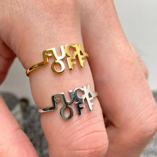 White Gold Plated Stainless Steel “F**K O**” Adjustable Ring