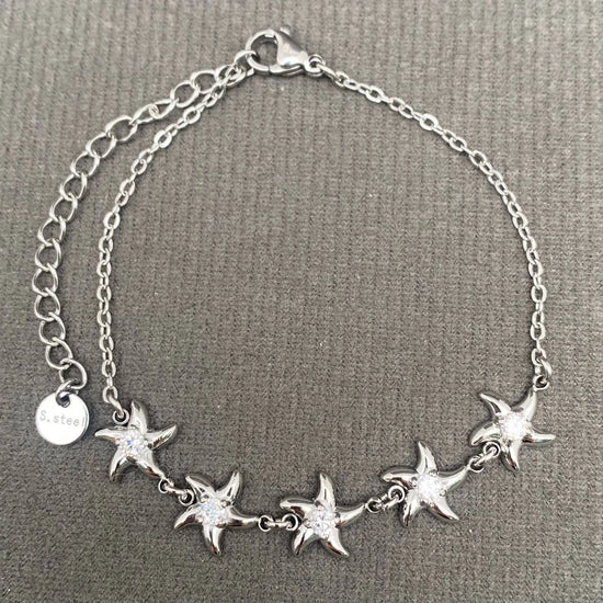 Zircon Inlaid Starfish 18K Gold Plated S.Steel Bracelet -FGS: Steel color