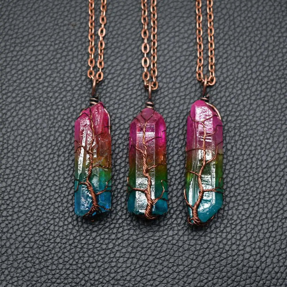 Hot Selling Stone Crystal Pillar Tree Of Life Pendant Ins Fashion Necklace Ashley and Clovers