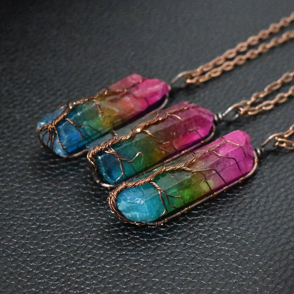 Hot Selling Stone Crystal Pillar Tree Of Life Pendant Ins Fashion Necklace Ashley and Clovers