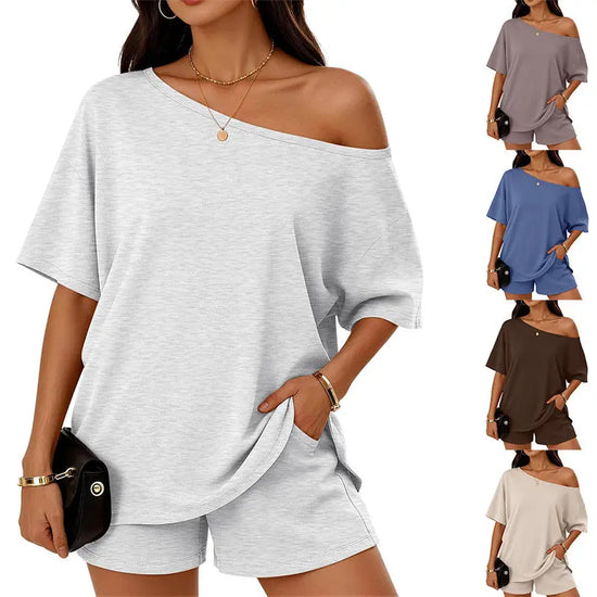 Womens 2-piece Fashionable Casual Set Slant-Neck Top And Shorts  For Loungewear Daily Wear Work Gym Outfit Jewelry and Clovers
