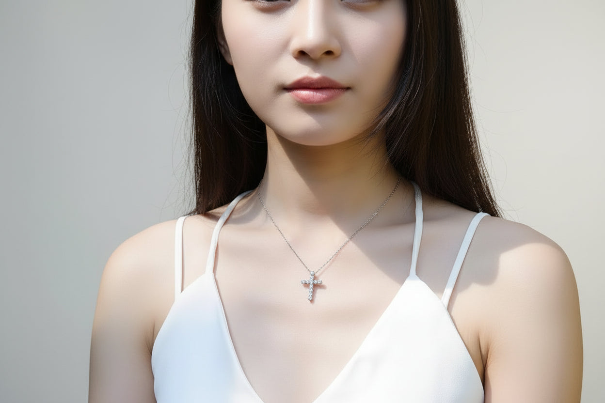 Necklace with a cross pendant on a mannequin wearing a white top.