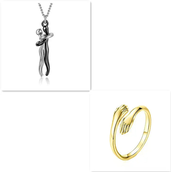 Couple Hugging Necklace on a Sterling Silver Chain Includes Gold Color Ring To Hug Your Finger