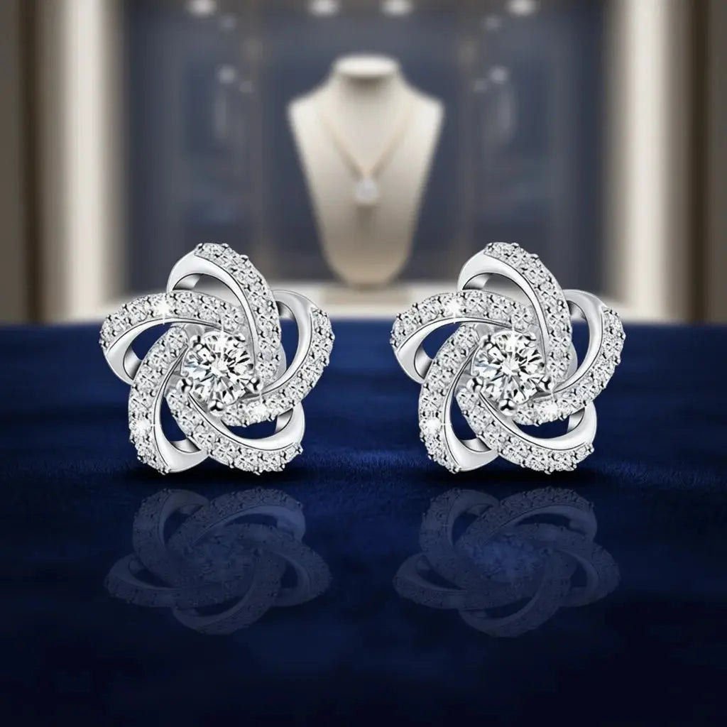 Elegant Flower Stud Earrings 925 Silver Rhinestone Round Brilliant Cut Classic Women's Wedding Jewelry Jewelry and Clovers