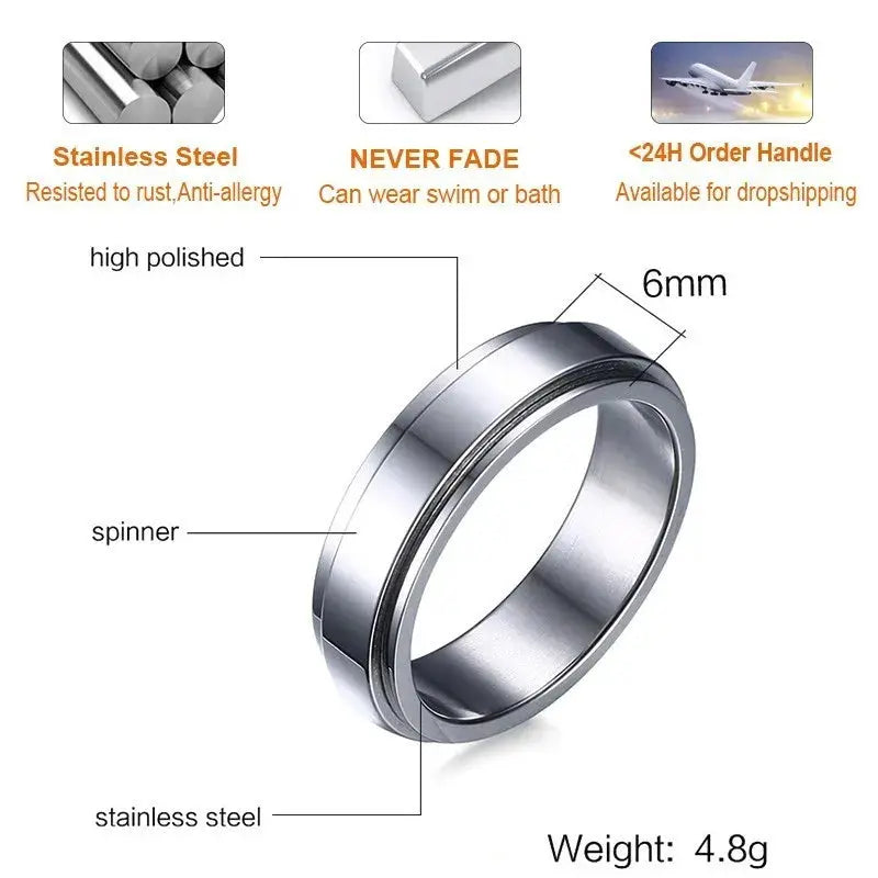 Vnox Personalized Spinner Ring for Men Women 6mm Stainless Steel Rotatable Wedding Band Custom Name Date Initial Male Tail Ring Jewelry and Clovers