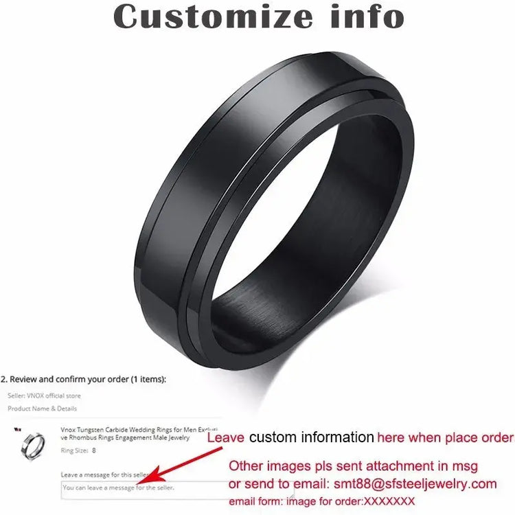Vnox Personalized Spinner Ring for Men Women 6mm Stainless Steel Rotatable Wedding Band Custom Name Date Initial Male Tail Ring Jewelry and Clovers