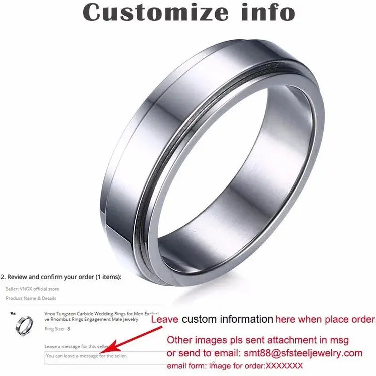 Vnox Personalized Spinner Ring for Men Women 6mm Stainless Steel Rotatable Wedding Band Custom Name Date Initial Male Tail Ring Jewelry and Clovers