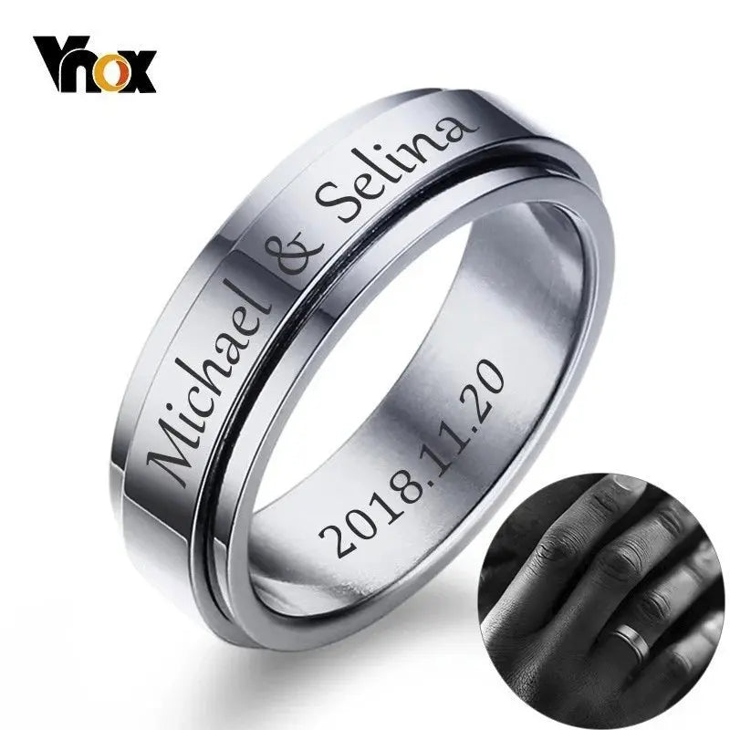 Vnox Personalized Spinner Ring for Men Women 6mm Stainless Steel Rotatable Wedding Band Custom Name Date Initial Male Tail Ring Jewelry and Clovers
