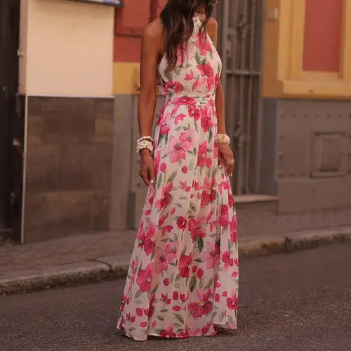 Elegant Women Printed Wear Fresh Slim Dress Pleated Office Maxi Dress Jewelry and Clovers