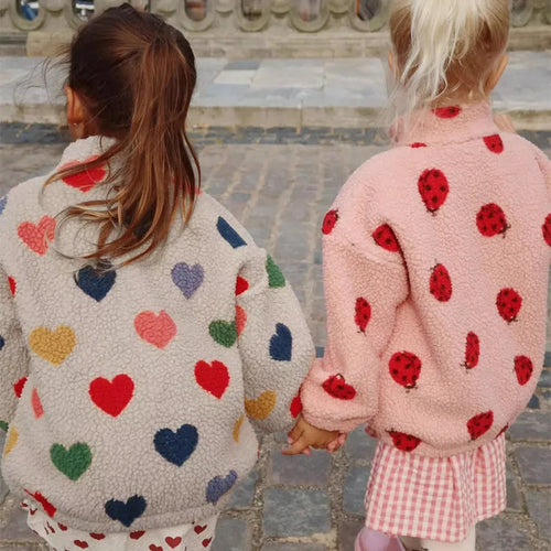 (2026 KS Brand) Winter Baby Girls&Boys Lambs-Wool Cherry Jackets. Kids Sequin Cartoon Outerwear, Children's Coats. Ages of 1 To 9 Years.