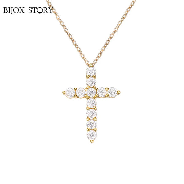 BIJOX STORY 3mm Moissanite Cross Pendant Necklace Original Sterling SILVER Chain Plated 18k White GOLD Rose GOLD Fine Necklace for Women Great For Gift via Family