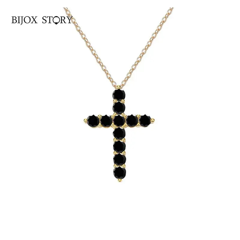 BIJOX STORY 3mm Moissanite Cross Pendant Necklace Original Sterling SILVER Chain Plated 18k White GOLD Rose GOLD Fine Necklace for Women Great For Gift via Family Jewelry and Clovers