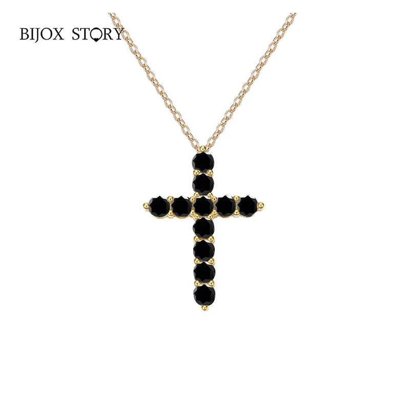 BIJOX STORY 3mm Moissanite Cross Pendant Necklace Original Sterling SILVER Chain Plated 18k White GOLD Rose GOLD Fine Necklace for Women Great For Gift via Family