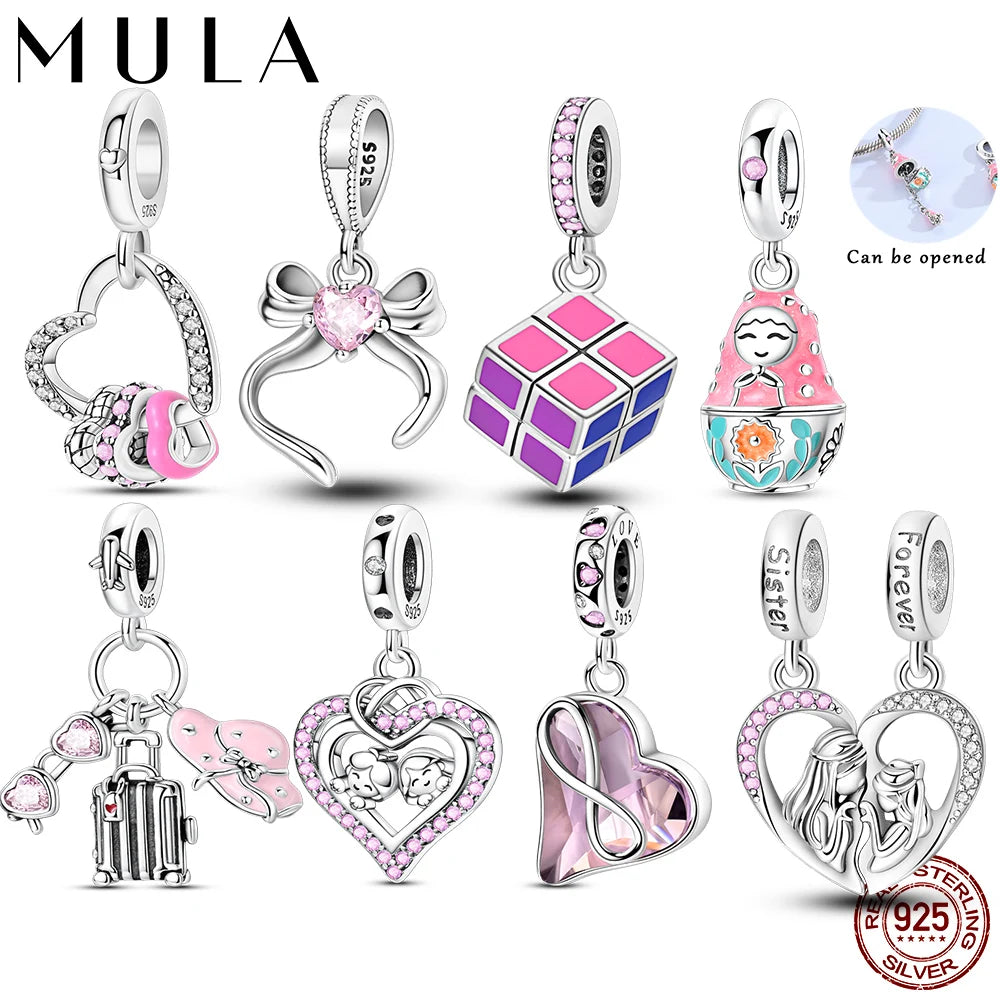 Charms Beads 925 Sterling Silver Pink Love Bow Rubik's Cube Charms Fit Pendants Bracelets Necklaces Women Jewelry Gift