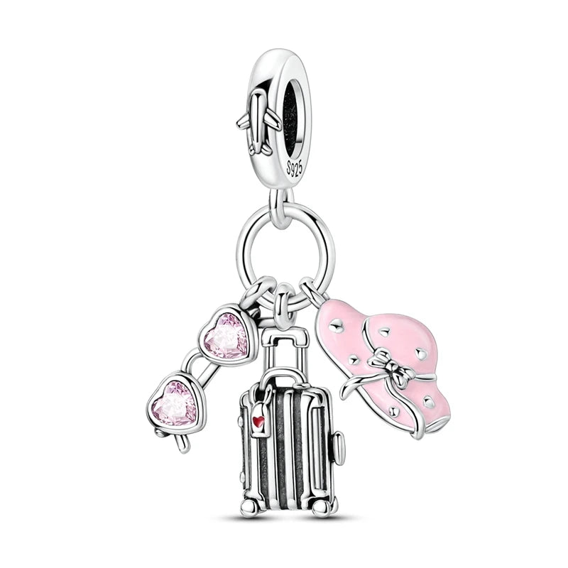 Charms Beads 925 Sterling Silver Pink Love Bow Rubik's Cube Charms Fit Pendants Bracelets Necklaces Women Jewelry Gift