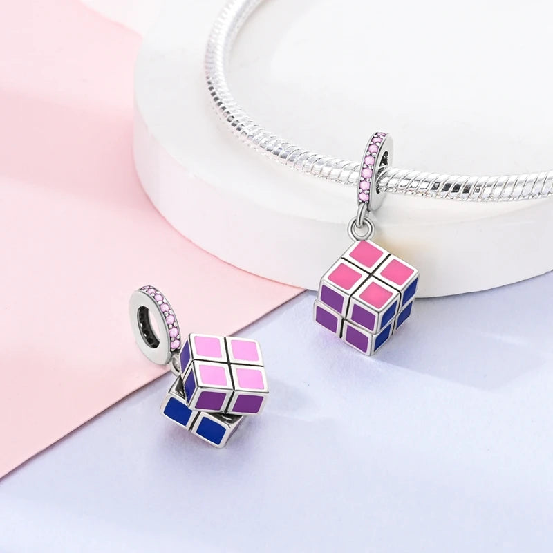 Charms Beads 925 Sterling Silver Pink Love Bow Rubik's Cube Charms Fit Pendants Bracelets Necklaces Women Jewelry Gift