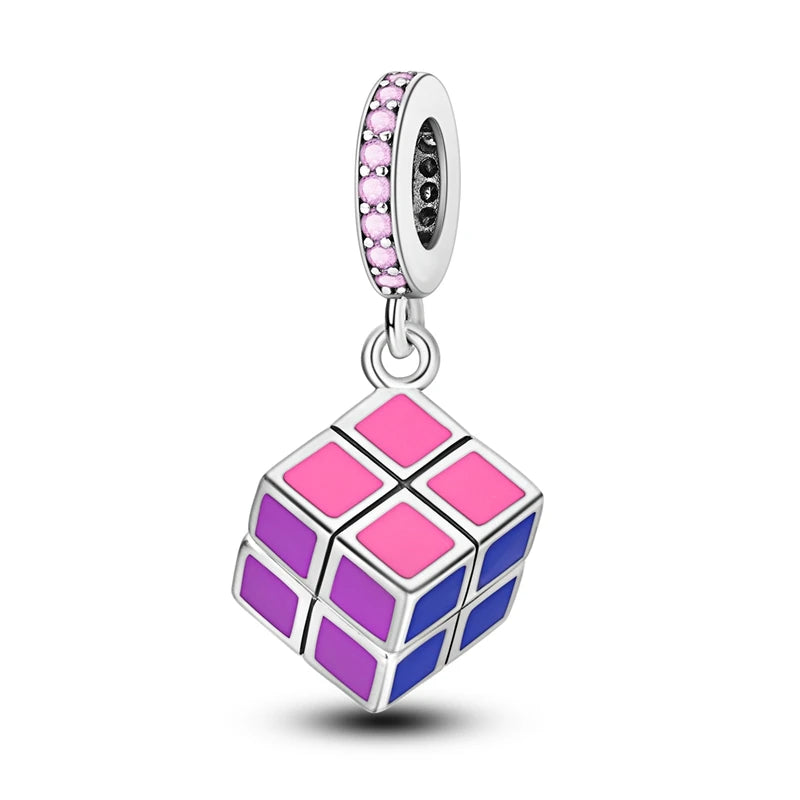 Charms Beads 925 Sterling Silver Pink Love Bow Rubik's Cube Charms Fit Pendants Bracelets Necklaces Women Jewelry Gift
