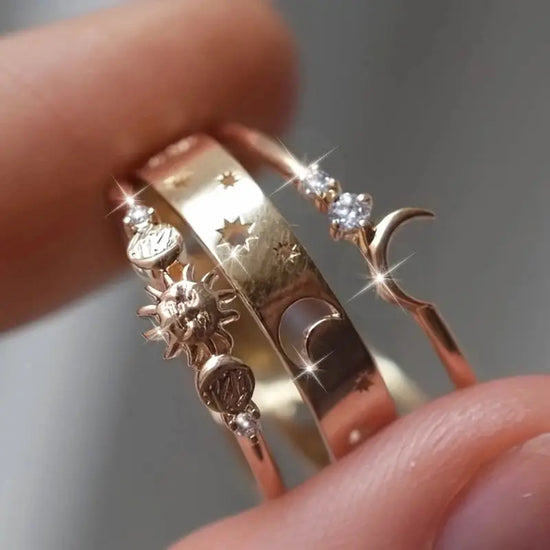 3pcs/set Retro Handmade Star and Moon Shaped Ring, Inlaid with Ring