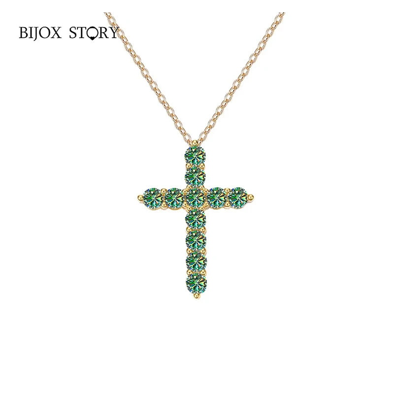 BIJOX STORY 3mm Moissanite Cross Pendant Necklace Original Sterling SILVER Chain Plated 18k White GOLD Rose GOLD Fine Necklace for Women Great For Gift via Family