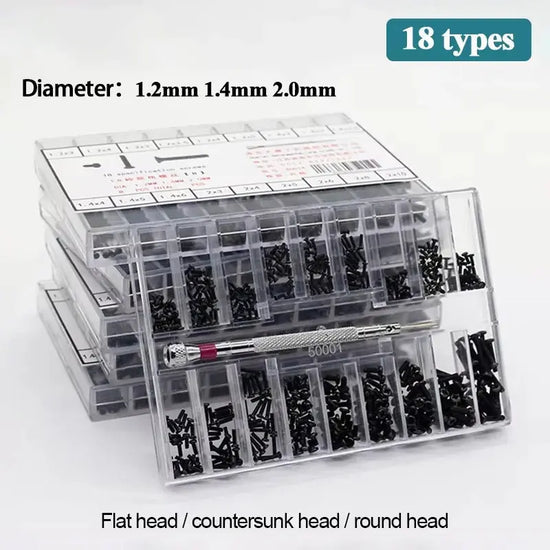 18 Types Mini Phillips 1.2mm 1.4mm 2.0mm Screws Countersunk/Flat/Round Head DIY Screws kit for Watch Mobile Computer Assemble Jewelry and Clovers