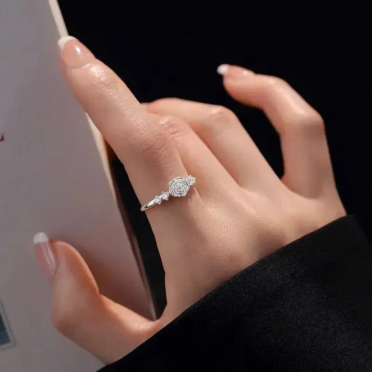 Real 925 Sterling Silver Zircon Camellia Rose Plant Adjustable Rings for Women Romantic Fine Jewelry Minimalist Accessories Jewelry and Clovers