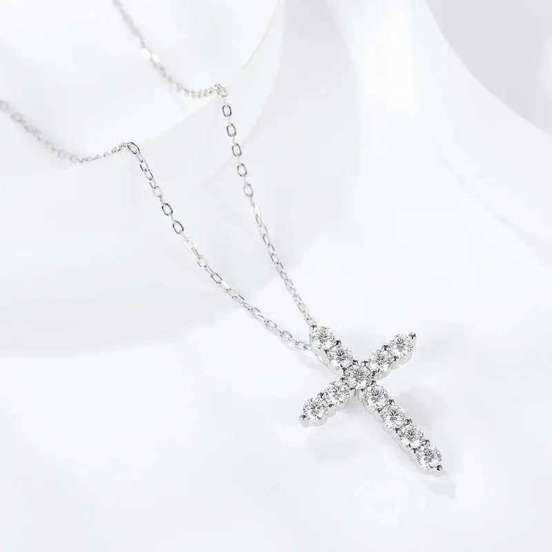BIJOX STORY 3mm Moissanite Cross Pendant Necklace Original Sterling SILVER Chain Plated 18k White GOLD Rose GOLD Fine Necklace for Women Great For Gift via Family Jewelry and Clovers