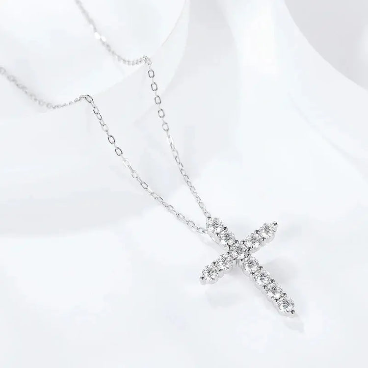 BIJOX STORY 3mm Moissanite Cross Pendant Necklace Original Sterling SILVER Chain Plated 18k White GOLD Rose GOLD Fine Necklace for Women Great For Gift via Family Jewelry and Clovers
