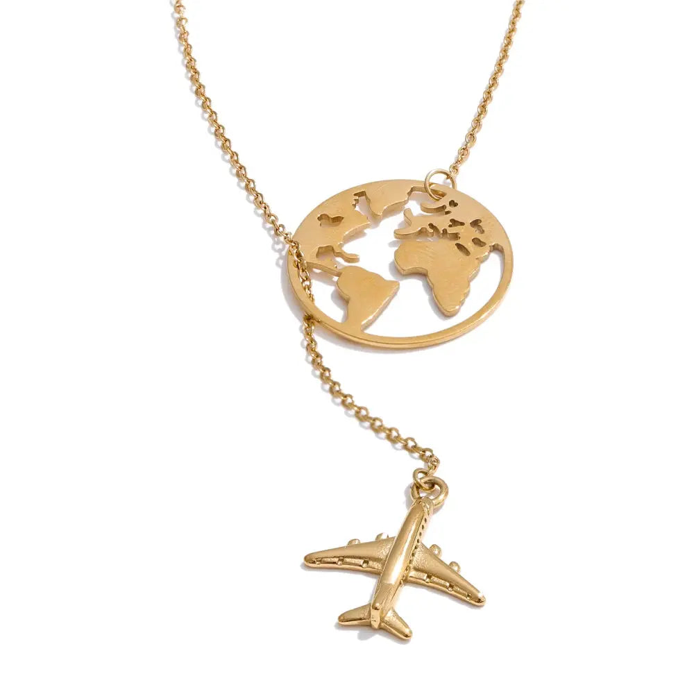 Yhpup New Arrivals Unique Creative Map Plane Pendant Necklace Gift Distinctive Stainless Steel Waterproof Jewellery Accessories Jewelry and Clovers