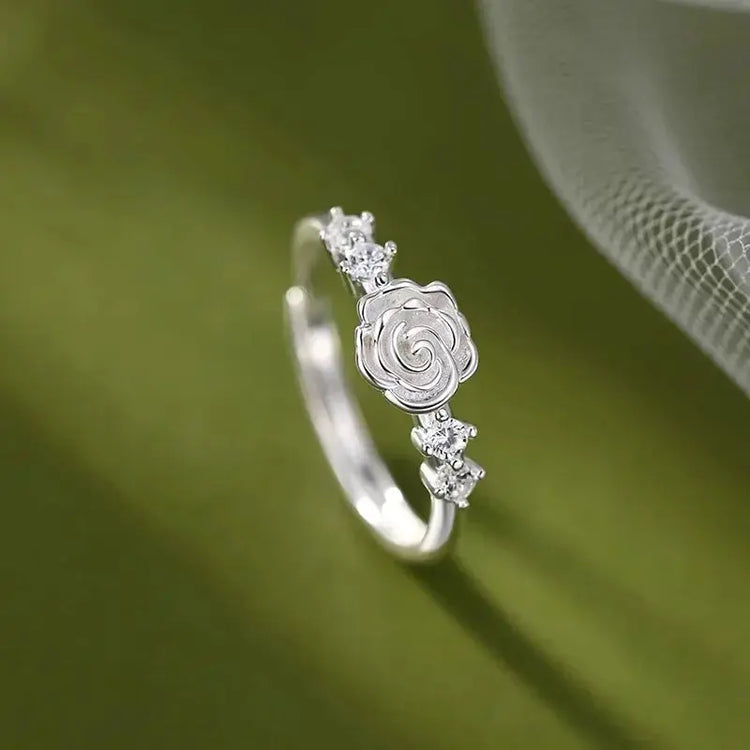 Real 925 Sterling Silver Zircon Camellia Rose Plant Adjustable Rings for Women Romantic Fine Jewelry Minimalist Accessories Jewelry and Clovers