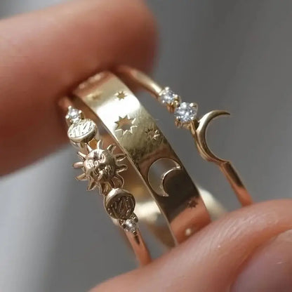 3pcs/set Retro Handmade Star and Moon Shaped Ring, Inlaid with Ring