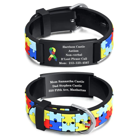 Custom Autism ID Bracelets Parents Gift To Son Boys, Colorful Puzzle Silicon Bracelet Free Engraving Jewelry and Clovers