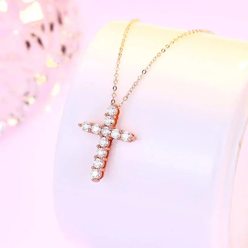 BIJOX STORY 3mm Moissanite Cross Pendant Necklace Original Sterling SILVER Chain Plated 18k White GOLD Rose GOLD Fine Necklace for Women Great For Gift via Family Jewelry and Clovers