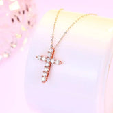 BIJOX STORY 3mm Moissanite Cross Pendant Necklace Original Sterling SILVER Chain Plated 18k White GOLD Rose GOLD Fine Necklace for Women Great For Gift via Family Jewelry and Clovers