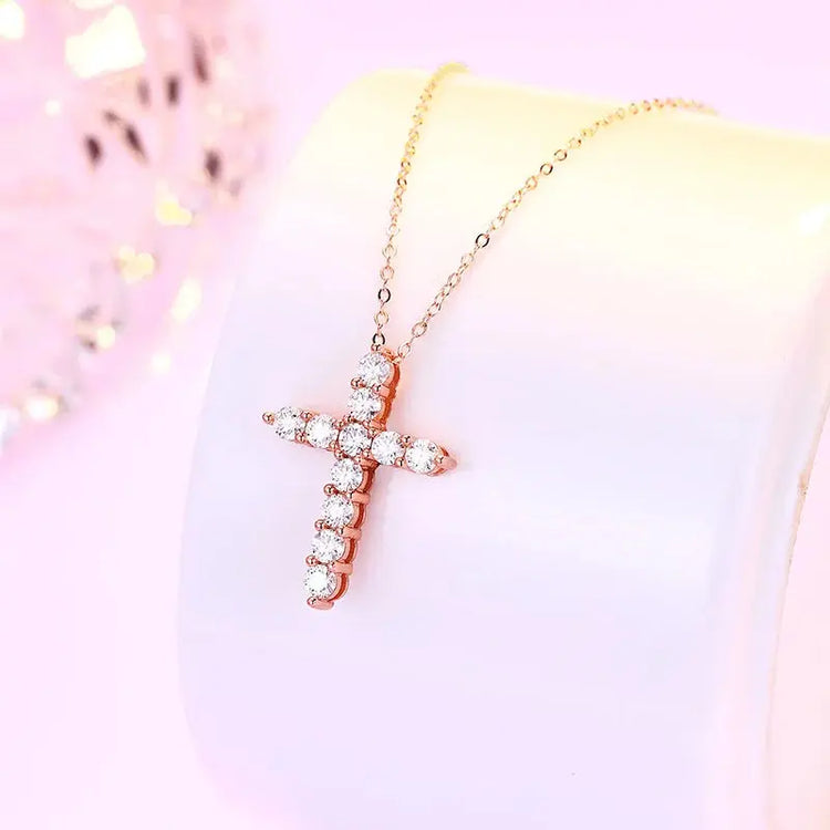 BIJOX STORY 3mm Moissanite Cross Pendant Necklace Original Sterling SILVER Chain Plated 18k White GOLD Rose GOLD Fine Necklace for Women Great For Gift via Family Jewelry and Clovers