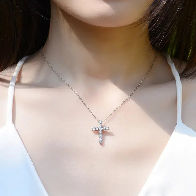 BIJOX STORY 3mm Moissanite Cross Pendant Necklace Original Sterling SILVER Chain Plated 18k White GOLD Rose GOLD Fine Necklace for Women Great For Gift via Family Jewelry and Clovers