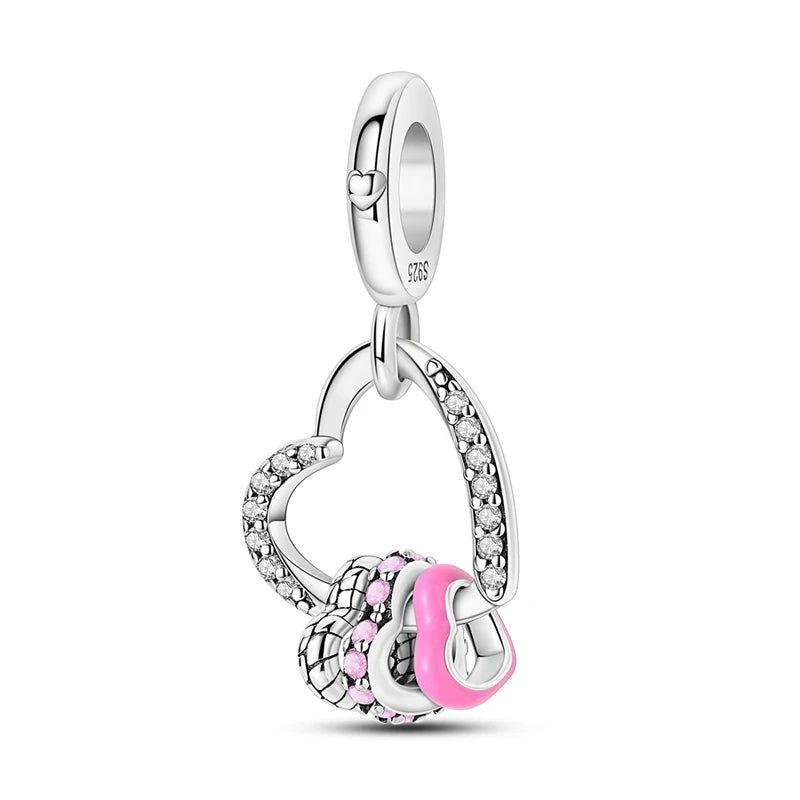 Charms Beads 925 Sterling Silver Pink Love Bow Rubik's Cube Charms Fit Pendants Bracelets Necklaces Women Jewelry Gift