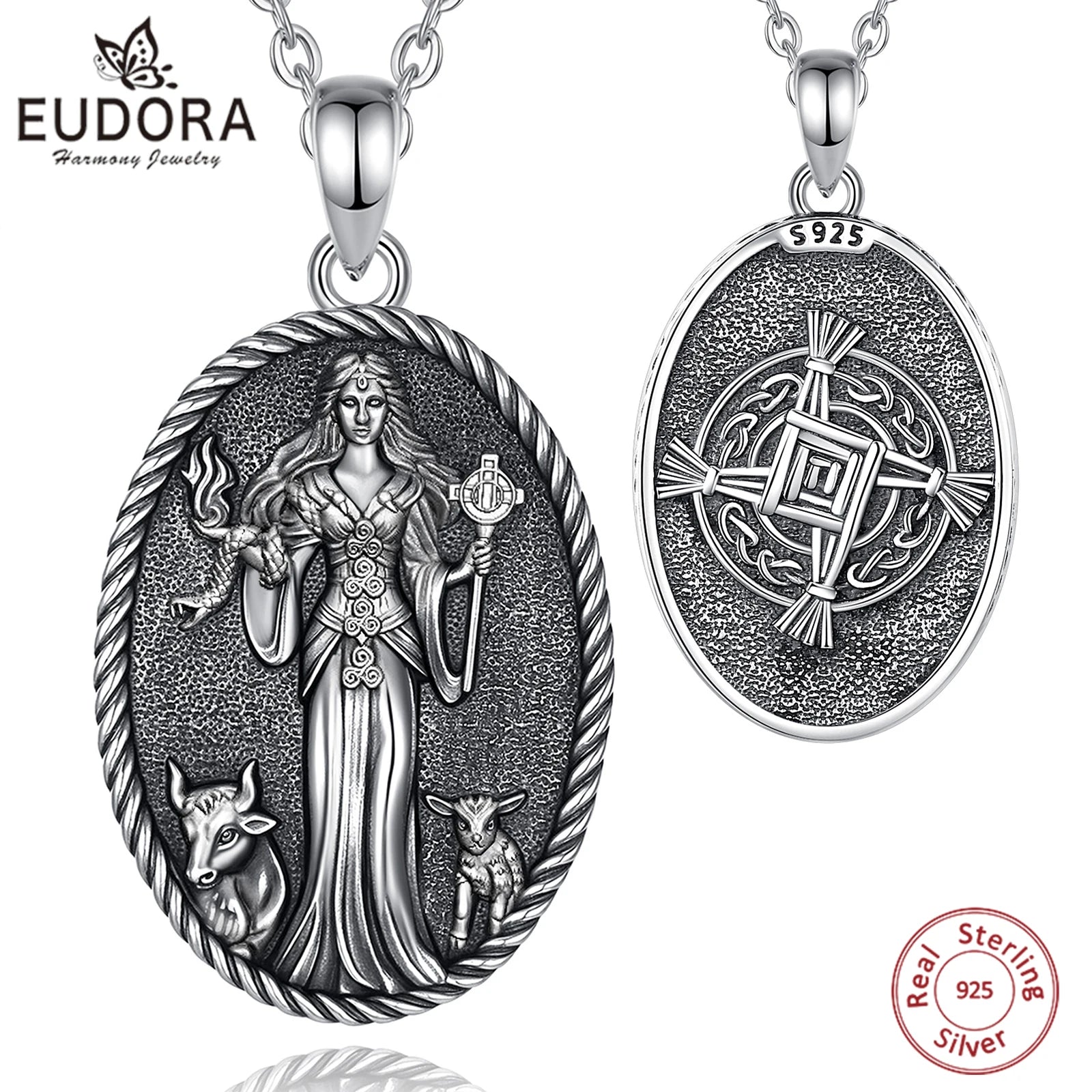 Eudora 925 Sterling Silver Brigid Goddess Necklace Brigid's Cross Amulet Pendant Wicca Pagan Jewelry Spiritual Gift for Women