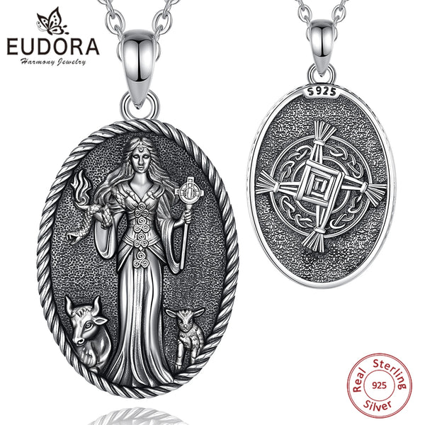 Eudora 925 Sterling Silver Brigid Goddess Necklace Brigid's Cross Amulet Pendant Wicca Pagan Jewelry Spiritual Gift for Women