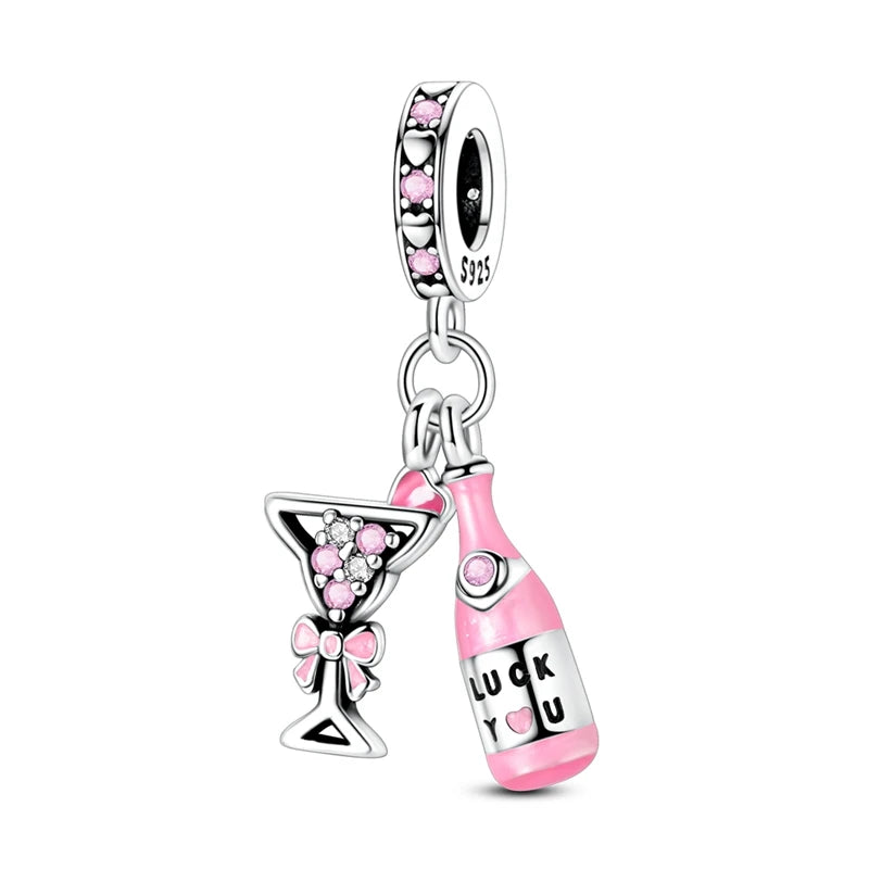 Charms Beads 925 Sterling Silver Pink Love Bow Rubik's Cube Charms Fit Pendants Bracelets Necklaces Women Jewelry Gift
