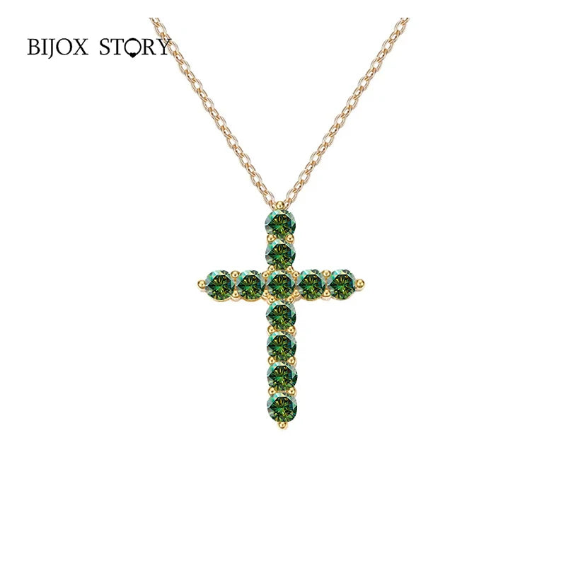 BIJOX STORY 3mm Moissanite Cross Pendant Necklace Original Sterling SILVER Chain Plated 18k White GOLD Rose GOLD Fine Necklace for Women Great For Gift via Family