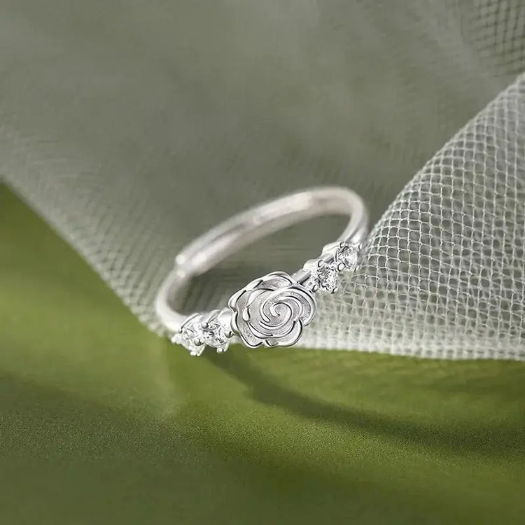 Real 925 Sterling Silver Zircon Camellia Rose Plant Adjustable Rings for Women Romantic Fine Jewelry Minimalist Accessories Jewelry and Clovers