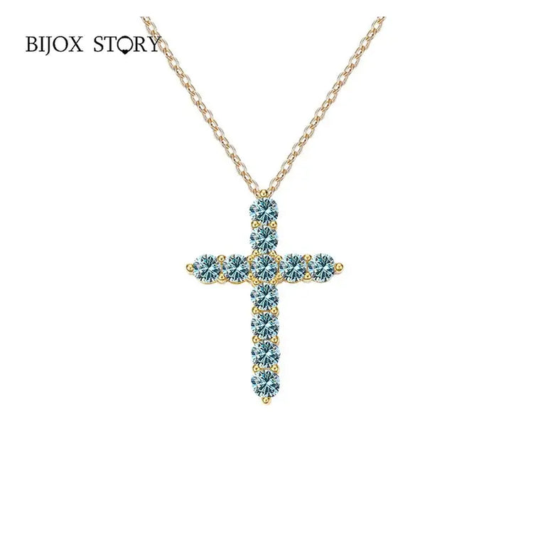 BIJOX STORY 3mm Moissanite Cross Pendant Necklace Original Sterling SILVER Chain Plated 18k White GOLD Rose GOLD Fine Necklace for Women Great For Gift via Family Jewelry and Clovers
