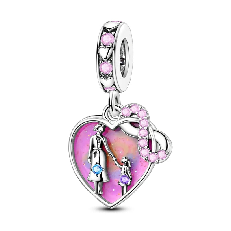 Charms Beads 925 Sterling Silver Pink Love Bow Rubik's Cube Charms Fit Pendants Bracelets Necklaces Women Jewelry Gift