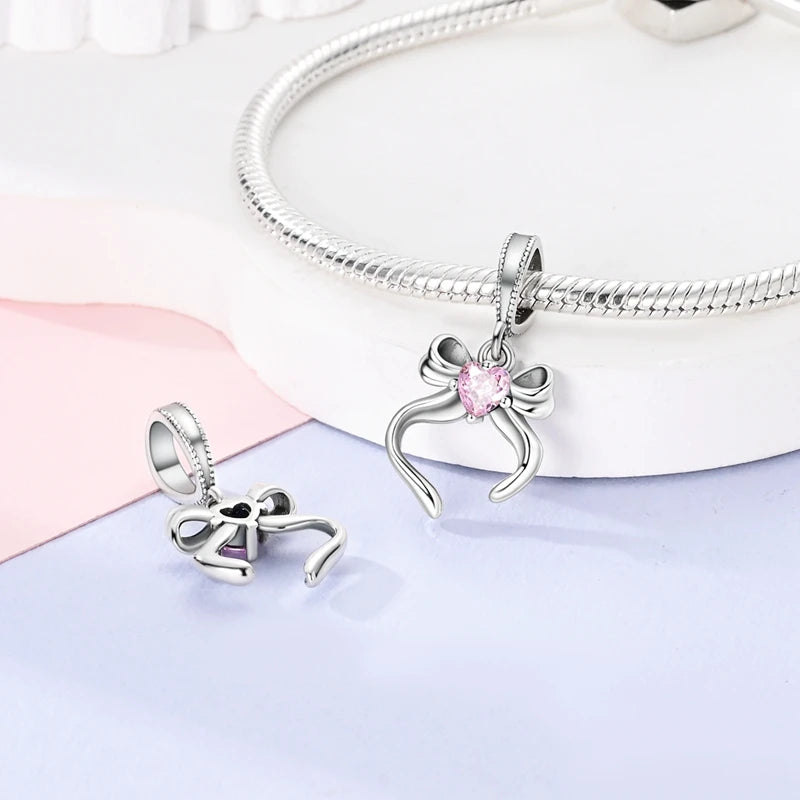 Charms Beads 925 Sterling Silver Pink Love Bow Rubik's Cube Charms Fit Pendants Bracelets Necklaces Women Jewelry Gift