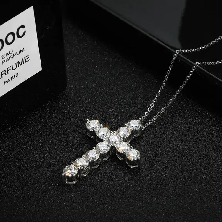 BIJOX STORY 3mm Moissanite Cross Pendant Necklace Original Sterling SILVER Chain Plated 18k White GOLD Rose GOLD Fine Necklace for Women Great For Gift via Family Jewelry and Clovers